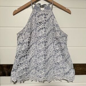 Lace Halter Top Blue White Cottagecore Summer Blouse Small